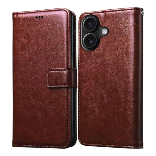 Image of Amazon Brand-Solimo Flip Leather Mobile Cover (Soft & Flexible Back case) for Apple iPhone 16 (Brown)