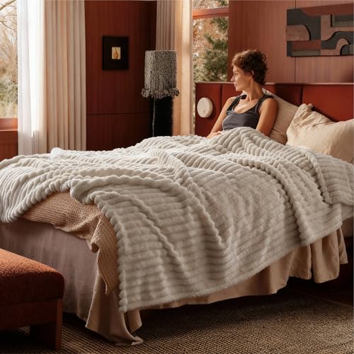 BEDSURE kuscheldecke 220x240 - Tagesdecke, Wolldecke & Fleecedecke, Sofadecke, Weiche Warme Grobe Korddecke für Zimmer Deko, Wohn- & Kuscheldecken, XXL Große Decke, Beige, 220 x 240 cm