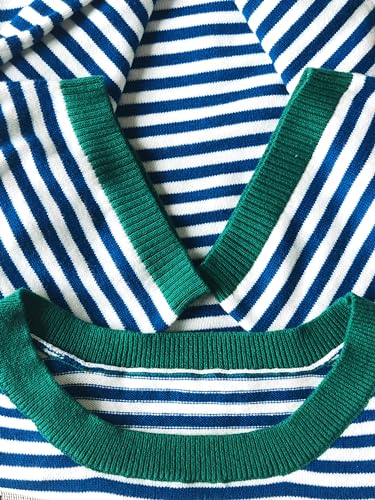 Image of Womens Short Sleeve Striped Color Block Crew Neck Sweater Shirt Lightweight Cotton Casual Summer Pullover Tops