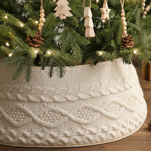 Knitted Christmas Tree Collar: Rustic Cream White Cable Knit Christmas Tree Collar for Artificial...