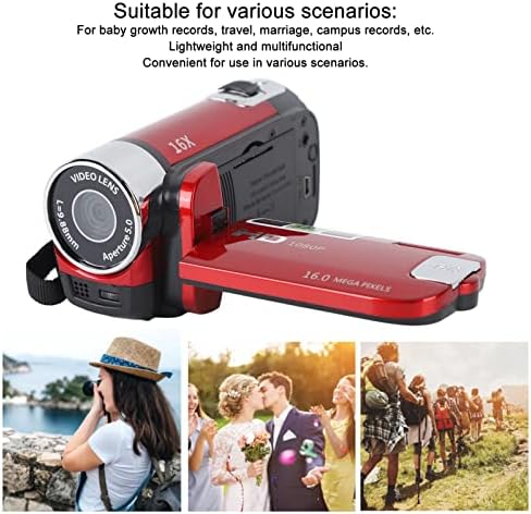 Dpofirs camcorder with three small images below it, depicting various usage scenarios: a person taking a photo, a wedding, and people hiking.