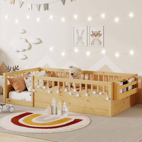 Floor Bed for Kids, Twin Size Montessori Beds with High Fence Railings, Wood Playhouse Bed with...