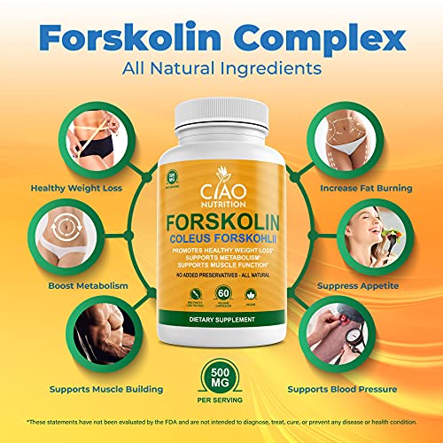 Ciao Nutrition Forskolin Supplement - Metabolism Booster And Natural Appetite Suppressant For Weight Loss - Pure Coleus Forskohlii Thermogenic Fat Burner For Men And Women, 500 Mg/Serving, 60 Capsules #TOP3