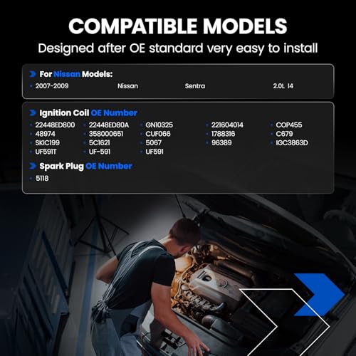 Image of 4-Pack UF591 Ignition Coils & 5118 Spark Plugs Kit Compatible with Nissan Sentra 2007 2008 2009, L4 2.0L - Replaces 22448ED800 22448ED80A GN10325 221604014 1788316 UF-591 & more