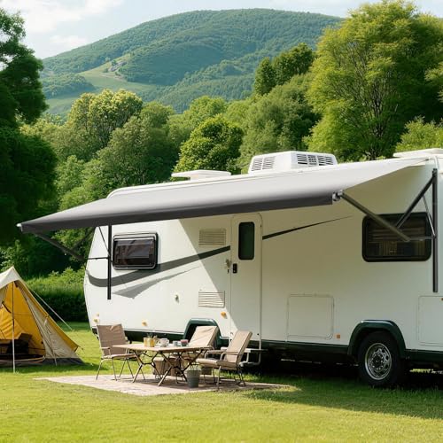 EROMMY 20FT Electric Retractable RV Awning Complete RV Awning Kit with Motor & Manual Crank Adjustable Arms Waterproof Vinyl Canopy for RV Trailer 5th Wheel & Motorhome White Frame Black Fabric
