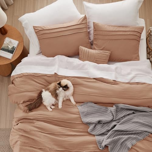 Image of Bedsure Queen Comforter Set - 4 Pieces Pinch Pleat Bed Set, Taupe Boho Bedding for All Season, 1 Soft Comforter, 2 Pillowcases, 1 Decorative Pillow