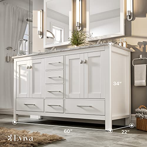 Eviva Luxurious Double Bathroom Vanity - White 60 Inch Bathroom Vanity With Sink - Solid Wood Floor-Mounted Bathroom Sink Cabinet W/Brushed Chrome Handles - Bathroom Vanity With Sinks #TOP1