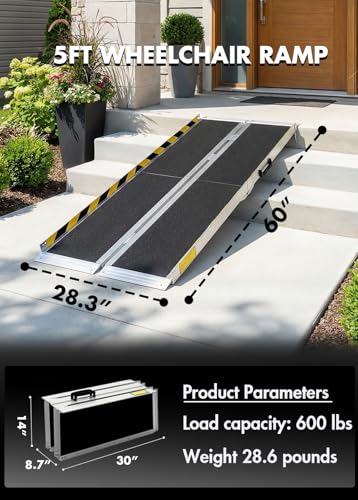 Image of 5FT Portable Wheelchair Ramp, Folding Non-Slip Aluminum Ramp for Home