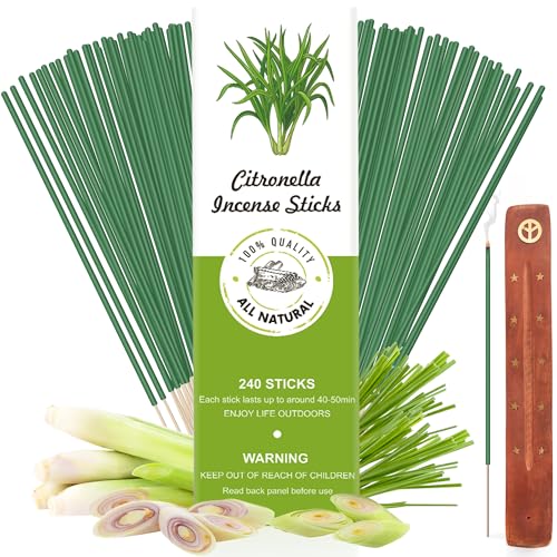 Citronella Räucherstäbchen 240 Stück 200Std natürliches Citronella Ätherischem Öl Räucherstäbchen für Draußen Garten Terrassen Balkon Picknick Camping Tischdeko 50 Min Brenndauer pro Stück