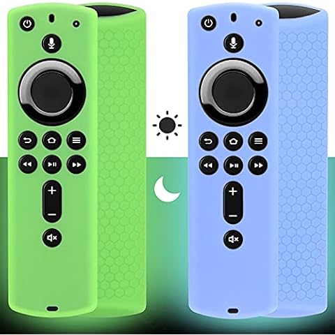 [2 Pack] Firestick Remote Cover Case (Glowing in the Dark), Pinowu Anti Slip Silicone Sleeve Compatible with Fire TV Stick 4K Alexa Voice Remote Control (Green and Blue) Cover