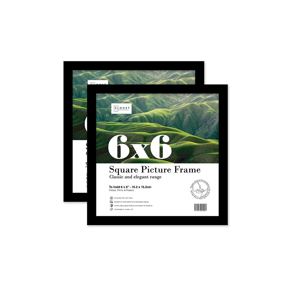 Almost Frameless 6x6 Black Picture Frame Set of 2, Display 6x6 Picture Gallery Wall, Poster, Photo, Artwork, or Print, Black, Square