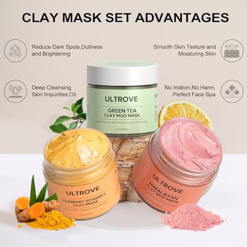 Ultrove 3 Pcs Clay Mask Set, Green Tea, Turmeric Vitamin C, Himalayan Clay Mask, Facial Skin Care Mask For Deep Cleansing thumb #1