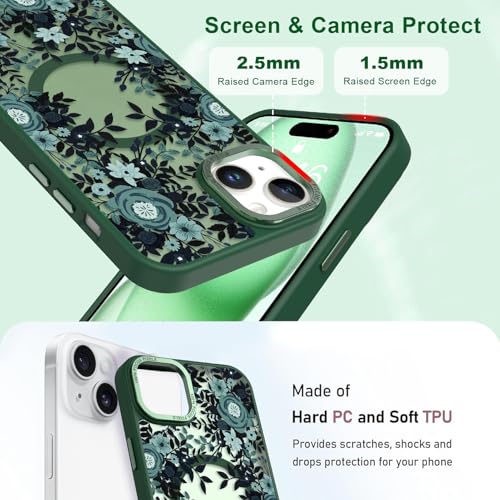 Image of Magnetic for iPhone 15 Plus Case with for Women, Green Flower | Pretty Floral Pattern Design [Compatible with MagSafe] Shockproof Slim Translucent Matte Non-Slip Protective Cover