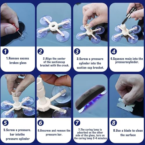 Image of Windshield Repair Kit, 2 PCS Windshield Crack Repair Kit with Suction Cup Curing Light, Automotive Nano Fluid Vehicle Windscreen Tool, Glass Repair Kit for Chips and Cracks (Azure)