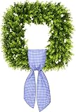 24'' Large Square Green Boxwood Wreaths for Front Door with Berries & Sash