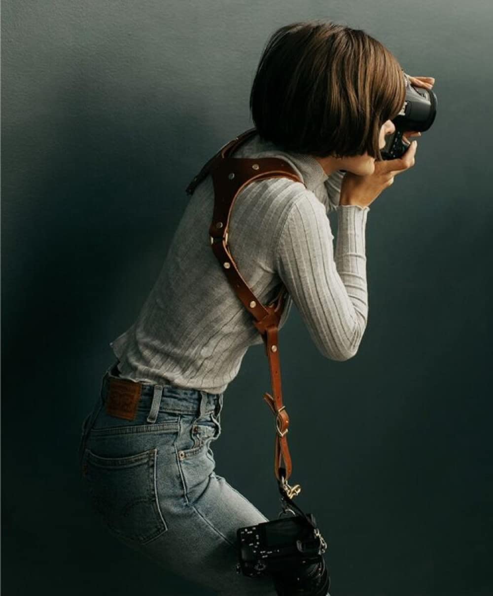 Accessori per tracolla per fotocamera per due fotocamere – Tracolla in pelle a doppia spalla – Attrezzatura per fotocamera multipla per tracolla per DSLR/SLR di SIQI-black