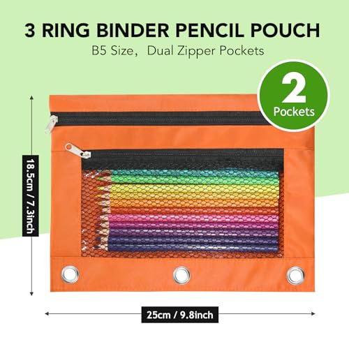 Image of Pencil Pouch for 3 Ring Binder, Heavy Duty Canvas Dual Zipper Pen Bag with Clear Window, Smooth Metal Zipper, Fit Standard 3-Ring Binders for School Office Travel Supplies (Orange)
