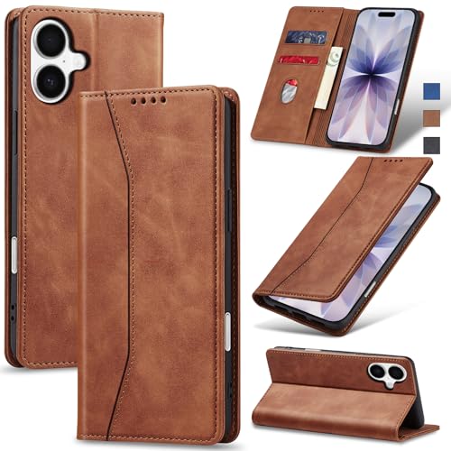 Image of Jasonyu Flip Wallet Case for iPhone 17,Leather Magnetic Folio Cover with Card Holder,Kickstand - TPU Shockproof Durable Protective Phone Case,Brown
