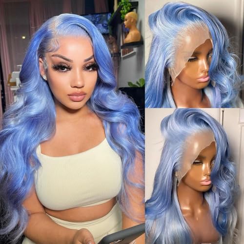 Msviki Haze-drenched Blue Lace Front Wig 200% Density Teal Blue Body Wave Human Hair Wigs HD 13x4 Lace Frontal Wig 22 No Mixed-Fiber 100% Virgin Human Hair Valentines Day Wig