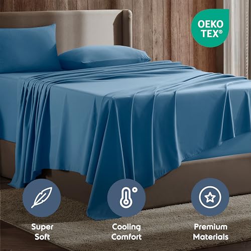 Image of Nestl King Bed Sheet Set - Blue Heaven - 4-Piece Deep Pocket | Instantly Soft, Night-One Ready (No Wash Required). Fits 16-Inch Deep Pockets, 360-Degree Elastic Grip