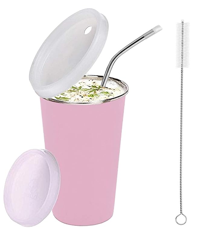 PARABRAHMA Stainless Steel Sipper for Kids with Straw Glass for Kids Milk Tumbler with Straw and Lid Sippy Cup with Gum Protection for Kids Straw and 1 Cleaning Brush (300 ml, 1-4 Years (Pink)