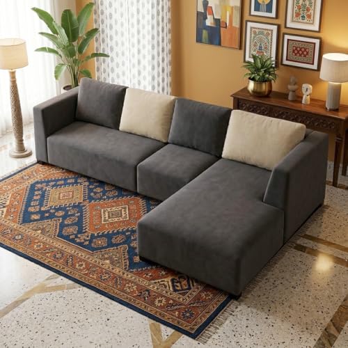 Image of FURNY Olympus 6 Seater RHS L Shape Sofa Set | Plush Velvet Suede Fabric | Modern Design | Soft Comfort Dual Color Cushions for Living Room, Office & Hotels (Dark Grey-Cream)