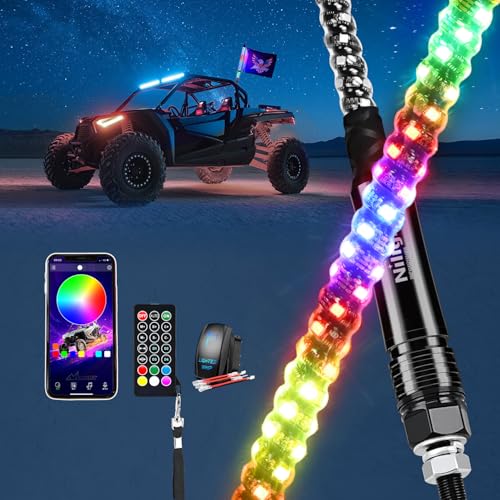 Image of Nilight RGB Whip Light 1PC 2FT Lighted Antenna Whips with Remote & App Control DIY Chasing Patterns Brake Reverse Lights for ATV UTV Polaris RZR Can-am Dune Buggy Pickup Trucks Jeep