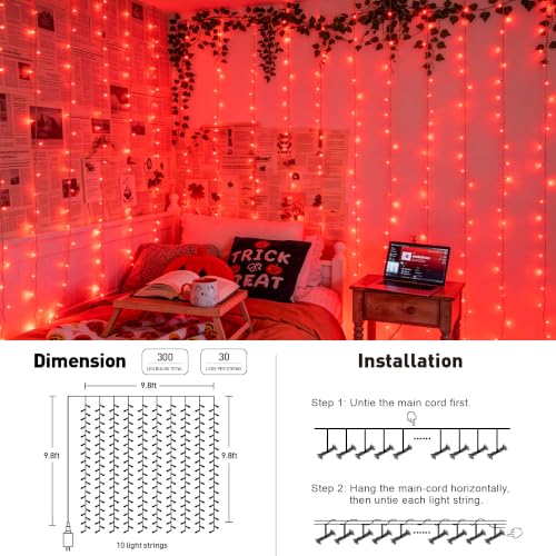 Image of JMEXSUSS 300LED Red Curtain Lights for Halloween Christmas Decor, 9.8x9.8ft | Plug in, with Remote, Twinkle Hanging String Lights for Bedroom Window Valentine's Day Wedding Proposal Party Holiday Decor