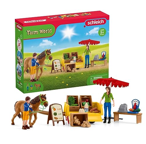Schleich Farm World — Sunny Day Mobile Farm Stand Playset, Farm Play Set with Farmer Dolls, Horse and Mobile Produce Stand, Farm Animal Toys for Kids Ages 3+