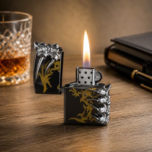 Image of Refillable Metal Lighter with Adjustable Flame, Wind Resistant Pocket Lighter, Decorative Claw Design, Reusable Flip Top Lighter for Men, Gift & Everyday Carry