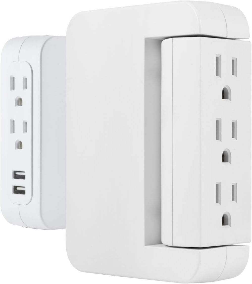 GE Pro Side-Access Swivel Surge Protector, 2 Pack, 5-Outlet Extender with 2 USB Ports, Wall Tap Adapter, Charging Station, 3-Prong, 560 Joules, 2.4 AMP/12 Watt, UL Listed, White, 55246