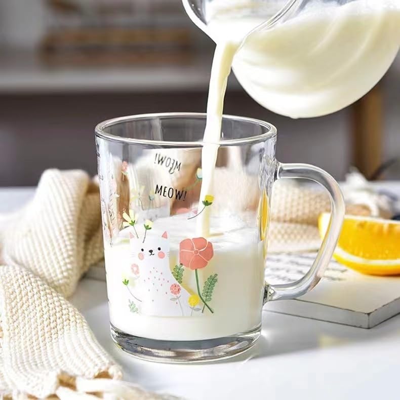Image of Cute Cartoon Glass Tumbler with Lid and Straw - 400ml, Set of 1, Glass Coffee Mug with Handle, Reusable Drinking Cup for Iced Coffee, Milk, Juice, Tea, Home Office Gifts (Random Design Mug)