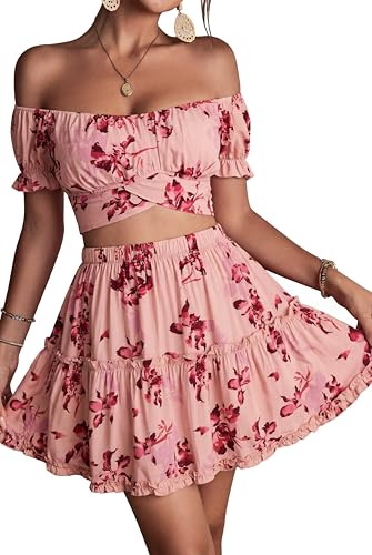 Image of LYANER Women's 2 Piece Outfits Floral Off Shoulder Tie Up Crop Top and Mini Skirt Set