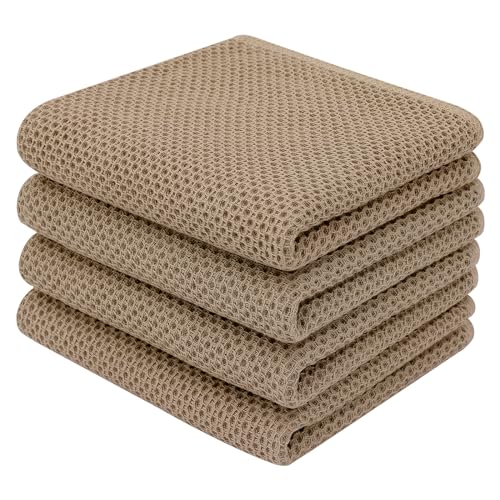 Image of Homaxy 100% Cotton Waffle Weave Kitchen Dish Towels, Ultra Soft Absorbent Quick Drying Cleaning Towel, 13 x 28 Inches, 4-Pack, Tan