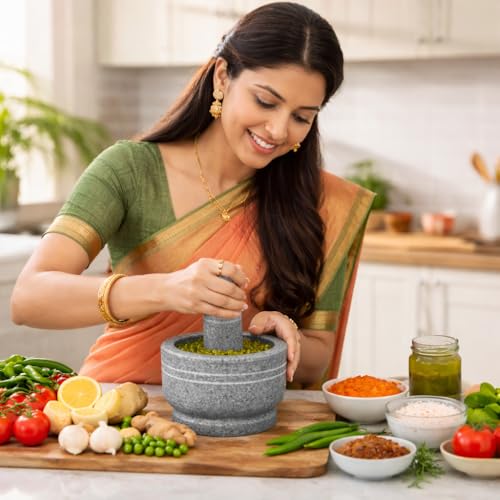 Image of Premium Stone Mortar and Pestle for Kitchen | Traditional Sil Batta Stone | Silbatta for Chutney, Rolu Rokali for Spice, Herb & Chutney Grinder | Authentic Granite Mortar Pestle Set