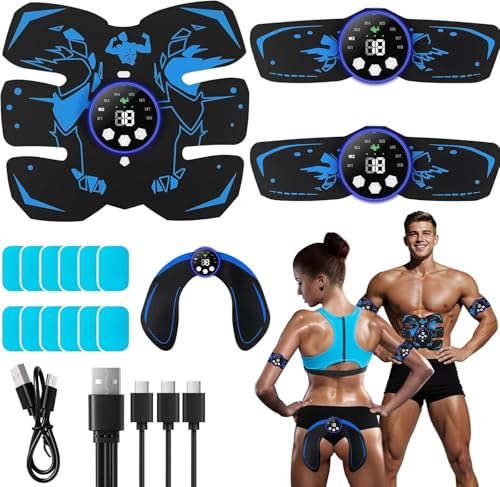EMS-Muskelstimulator, elektronisches Trainingsgerät für die Bauchmuskulatur für zu Hause mit 8 Modi, 29 Intensitätsstufen, 4 Geräten, 4 Elektroden, 12 Gelpads, für das Training von Bauch, Armen, Beine