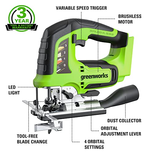 Greenworks 24V Brushless Jig Saw，1*2Ah Battery+2A Adaptor, 6Pcs Blades (4 X Saw Blade For Woodworking. 2 X Saw Blade For Metal) #TOP1