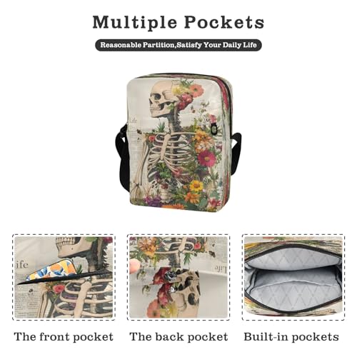 Crossbody Bag Gothic Skull Skeleton Newspaper Flower Messenger Bag for Women Men Purse Shoulder Bag Satchel Bag with Adjustable Strap 214B93902