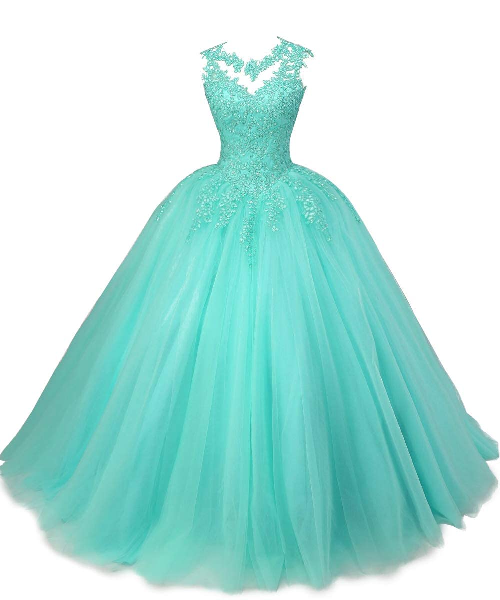 HUINI Ballkleider Lang Spitze Tüll Quinceanera Kleid A-Linie Prinzessin Abschluss Ballkleid Mädchen Abendparty Kleid