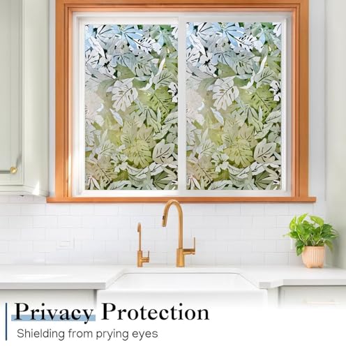Image of WISDOM Premium Frosted Glass Window Film Self Adhesive Decorative Glass Window Privacy Sheet Film UV Control Removable Vinyl Privacy Film (Palm Leaves, 24x50 Inch)