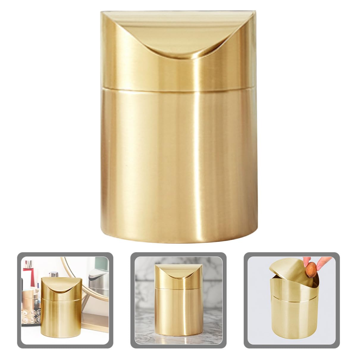 NUOBESTY Mini Poubelle de Bureau en Inox Doré avec Couvercle Corbeille à Papier Compacte pour Bureau et Voiture Poubelle de Table Multifonction pour Petits Espaces Recyclage et