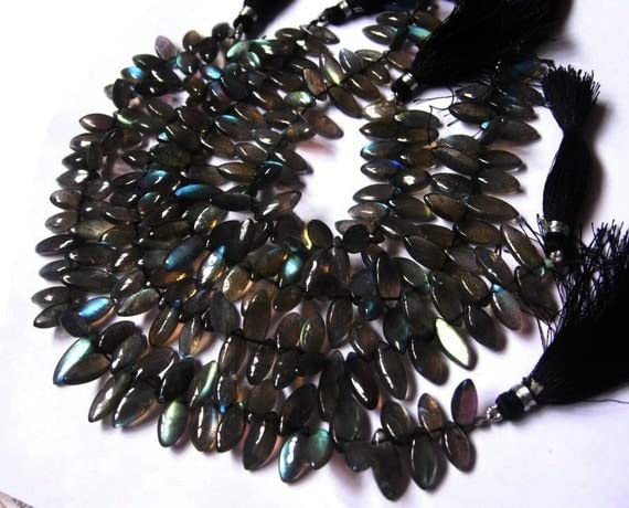 LKBEADS Blue Flashy Genuine Labradorite Smooth Marquise Briolettes Size 6x12-7x15mm 4" strand.
