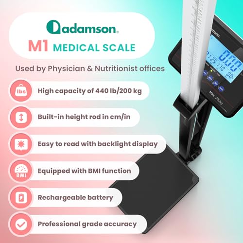 Image of Adamson M1 Medical Scale, 440 lb / 200 kg Capacity, BMI with Weight and Height, Professional Digital Scale for Body Weight, Home, Hospital, & Physicians, Heavy Duty - Black