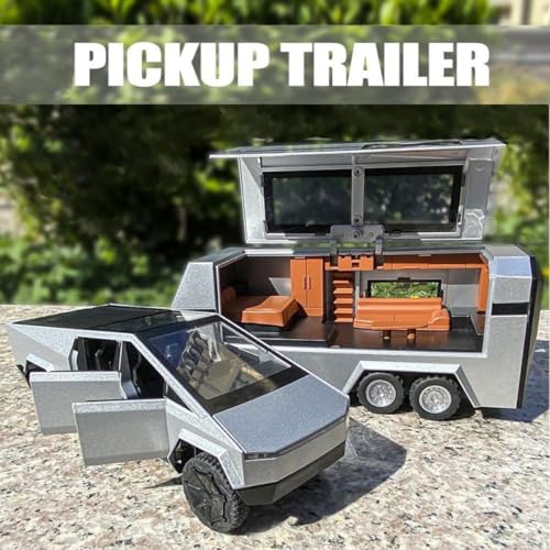 Image of 1:32 Scale Die-Cast Tesla CyberTruck with Pick-Up Trailer with 6 Openable Doors Pull Back Action,Lights & Music Best Vehicle Gift for Kids【Pack of 1】【Random Color】