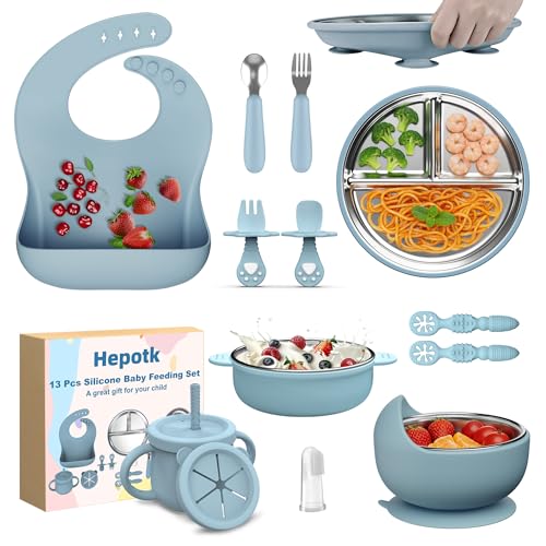 Image of 13 Pack Silicone Baby Feeding Set, BPA-Free Stainless Steel Toddler Feeding Supplies, Include Suction Plates, Baby Bowls, Silicone Fork & Spoon, and More, First Stage Baby Dish Set - 6+ Months