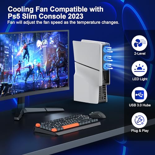 Image of Cooling Fan for PS5 Slim Console, Auto Power On /Off Cooler Fan Accessorie with 2 Speed Fans USB 3.0 Port for PlayStation 5 Slim Digital & Discs Edition(Not for PS5 /PS5 Pro)