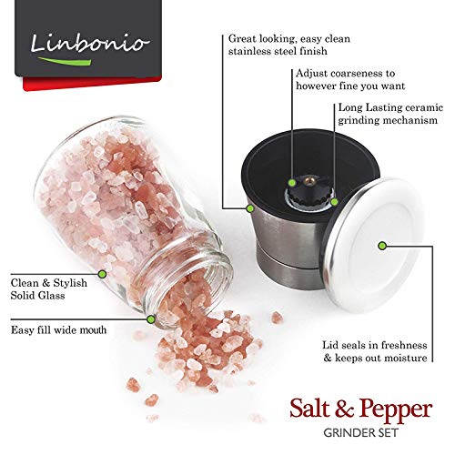 Linbonio Salt And Pepper Grinder Set - Stainless Steel Refillable Salt And Pepper Shaker - Adjustable Ceramic Sea Salt And Pepper Grinder - Glass Salt And Pepper Mixer - Pepper And Salt Mill #TOP6