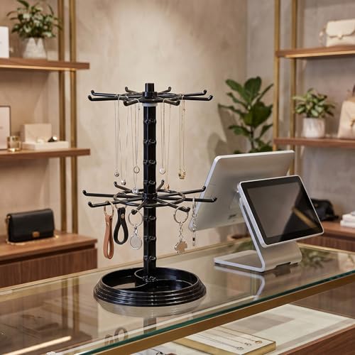 Rotating Earring Necklace & Keychain Display Stand,2 Tier Jewelry Organizer | 2-Layer.Durable Plastic Base Ensures Stability. Ideal For Home Dresser Countertop Or Boutique Retail Store Use - image 1