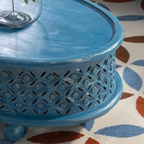 Image of Wooden Coffee Table for Living Room | Kara Solid Wood Handcrafted Center Table for Living Room | Oval Tea Table for Living Room | Wooden Furniture for Home (Blue Antique)