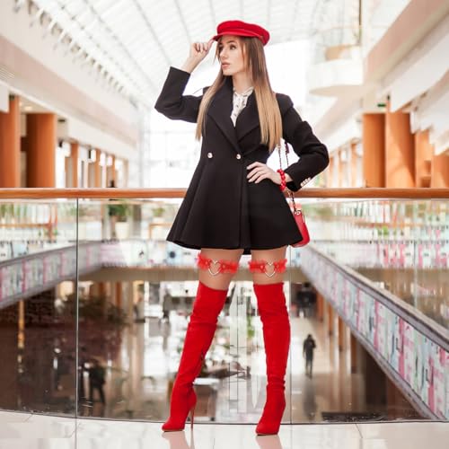 2 Pcs Red Garter Belt Adjustable Heart Lace Thigh Garter, Red Heart Garter Red Leg Garter Red Lace Garter Red Garter with Heart Elastic Leg Garters Belt for Women Parties4